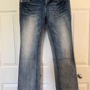 Miss Me Medium to Light Blue Easy Boot Cut Jeans w/Rhinestone Embellishments, 30